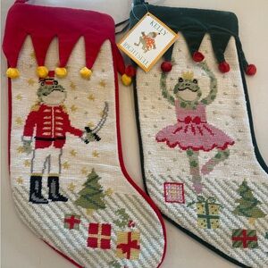 Kelly Rightsell Needlepoint Frog Nutcracker and Ballerina Stockings - NWT